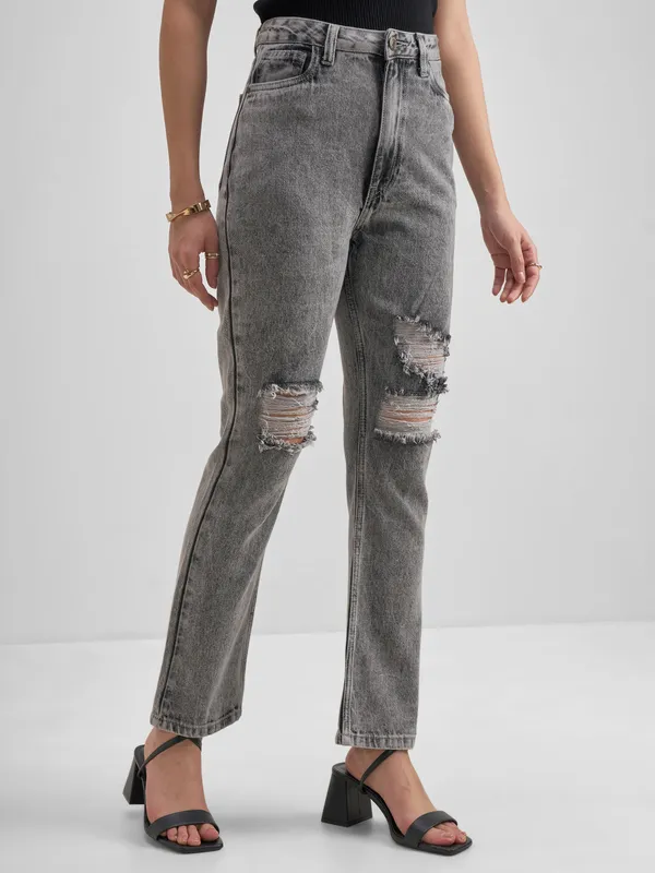 Tokyo Talkies Women Grey Flared Highly Distressed Stretchable Jeans