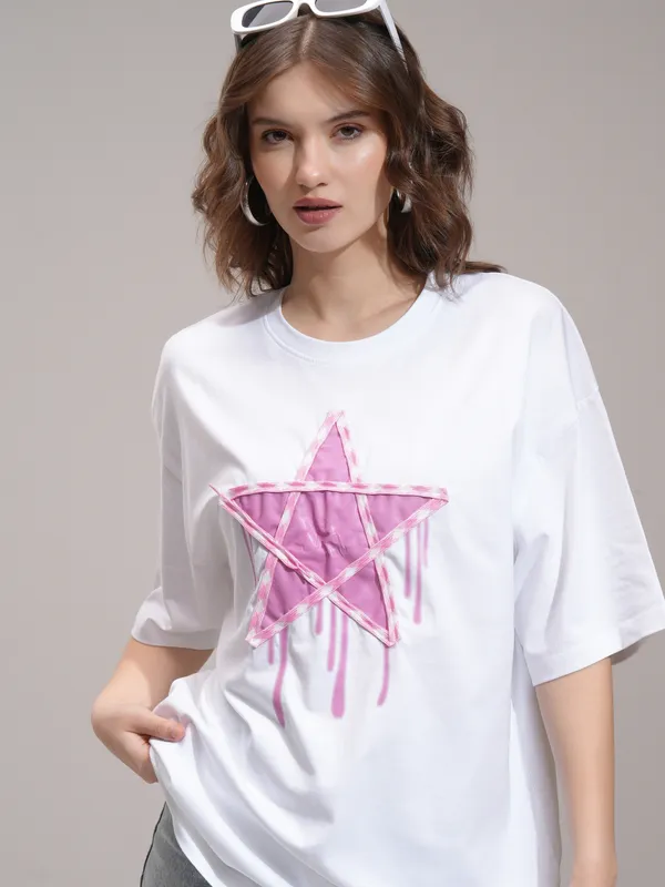 Tokyo Talkies Women White Applique Round Neck Oversized Fit T-Shirt