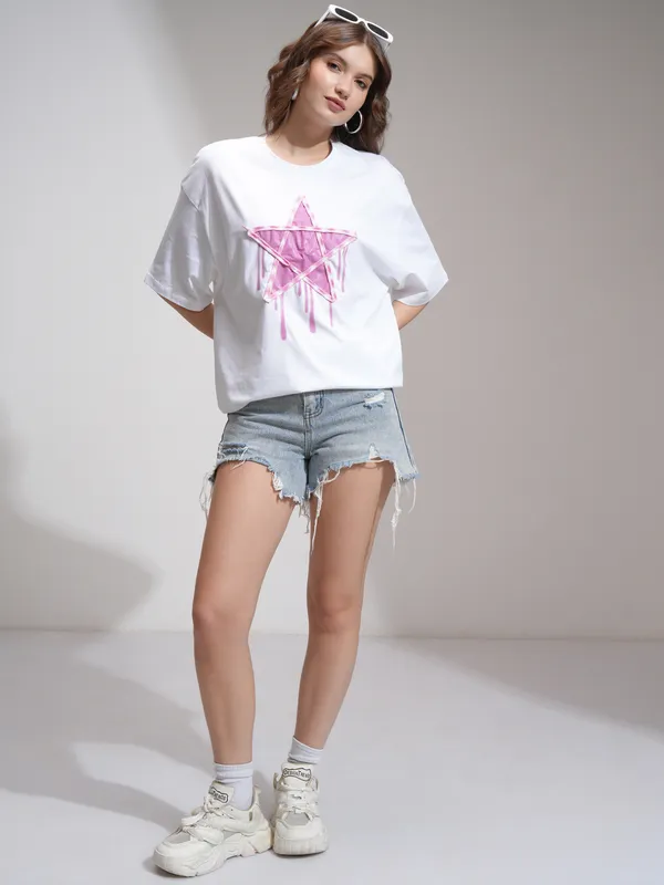 Tokyo Talkies Women White Applique Round Neck Oversized Fit T-Shirt