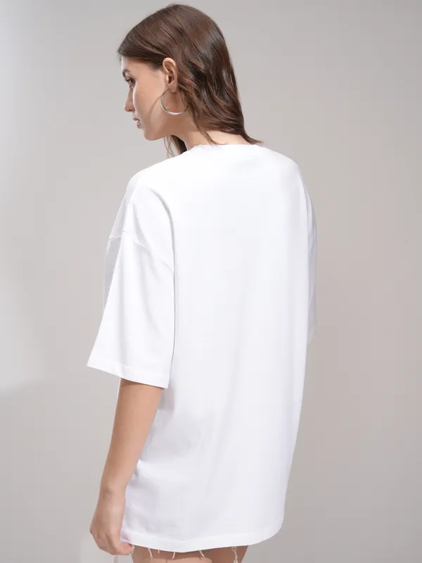 Tokyo Talkies Women White Applique Round Neck Oversized Fit T-Shirt