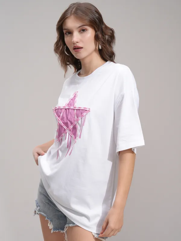 Tokyo Talkies Women White Applique Round Neck Oversized Fit T-Shirt