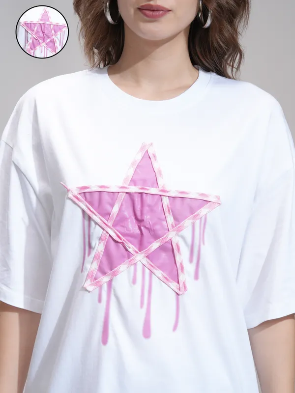 Tokyo Talkies Women White Applique Round Neck Oversized Fit T-Shirt