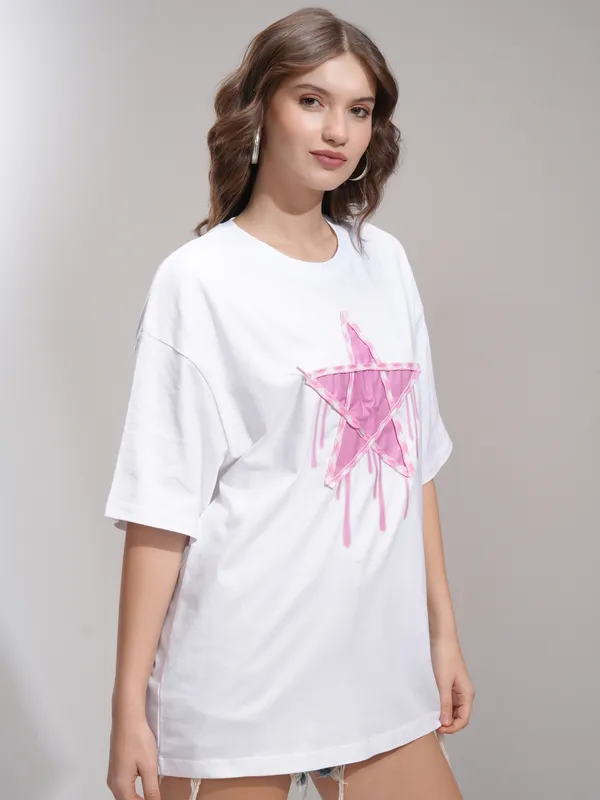 Tokyo Talkies Women White Applique Round Neck Oversized Fit T-Shirt