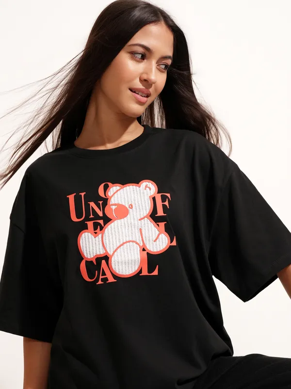 Tokyo Talkies Women Black Printed Round Neck Oversized Fit T-Shirt