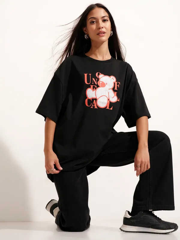 Tokyo Talkies Women Black Printed Round Neck Oversized Fit T-Shirt
