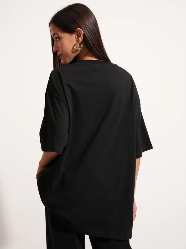 Tokyo Talkies Women Black Printed Round Neck Oversized Fit T-Shirt