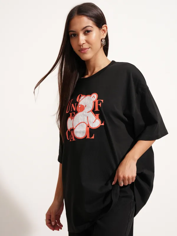 Tokyo Talkies Women Black Printed Round Neck Oversized Fit T-Shirt