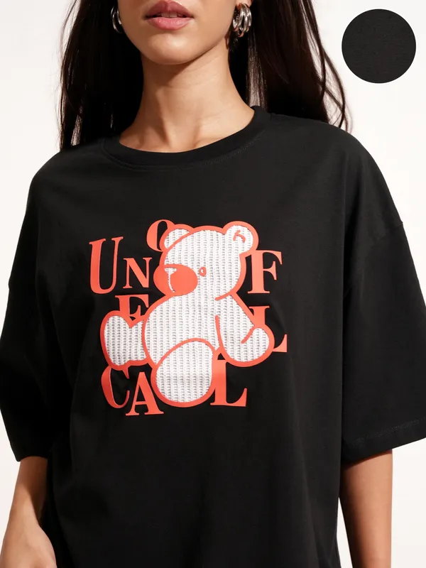 Tokyo Talkies Women Black Printed Round Neck Oversized Fit T-Shirt
