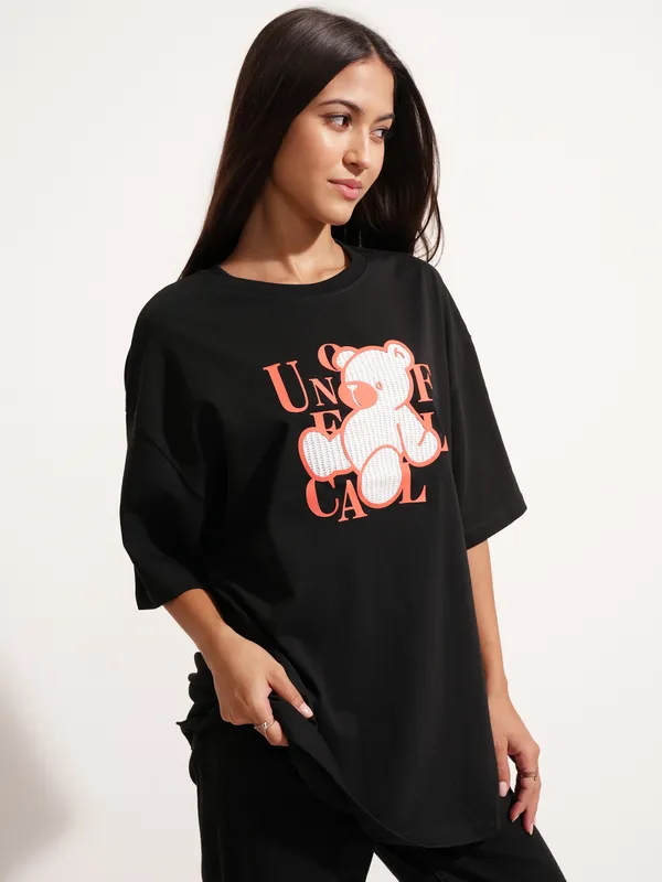 Tokyo Talkies Women Black Printed Round Neck Oversized Fit T-Shirt