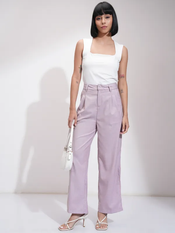 Tokyo Talkies Women Mauve Solid Regular Fit Parallel Trousers