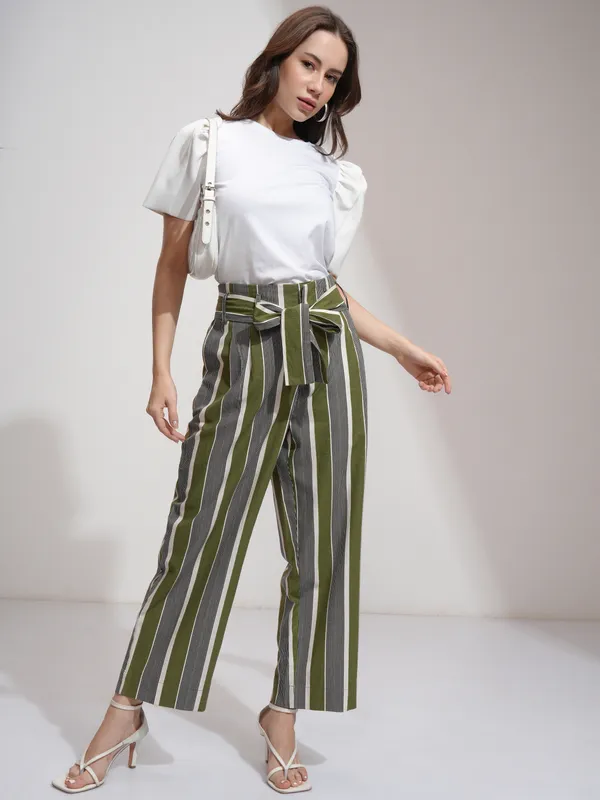 Tokyo Talkies Women Green Striped Regular Fit Casual Trouser