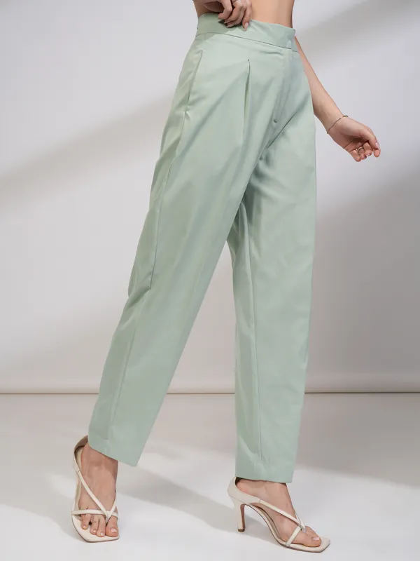 Tokyo Talkies Women Green Solid Regular Fit Casual Trouser