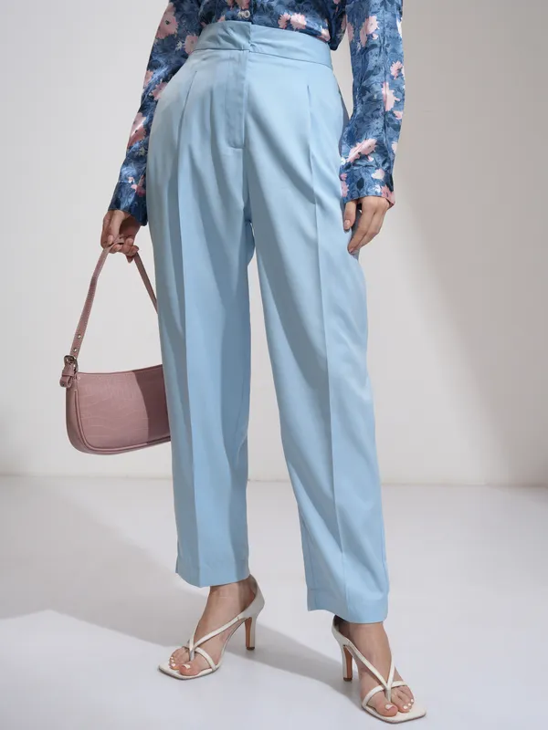 Tokyo Talkies Women Blue Solid Regular Fit Formal Trousers