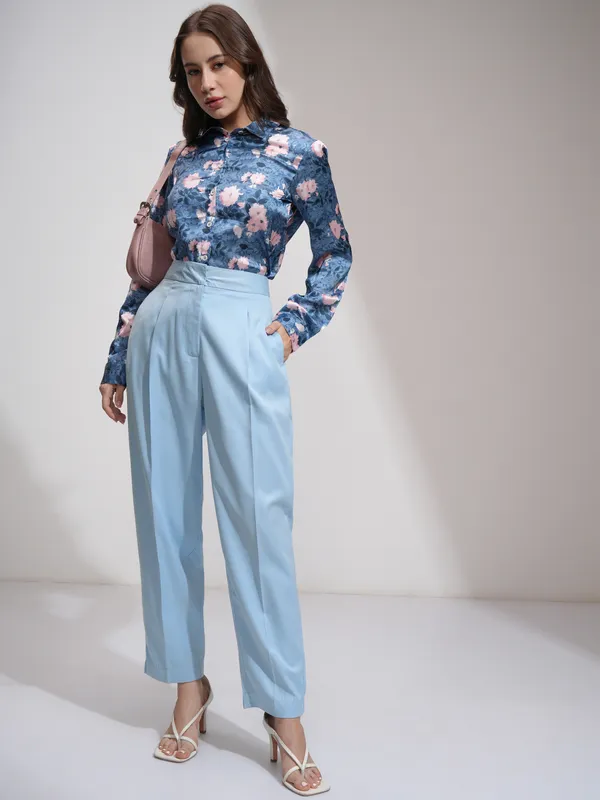 Tokyo Talkies Women Blue Solid Regular Fit Formal Trousers