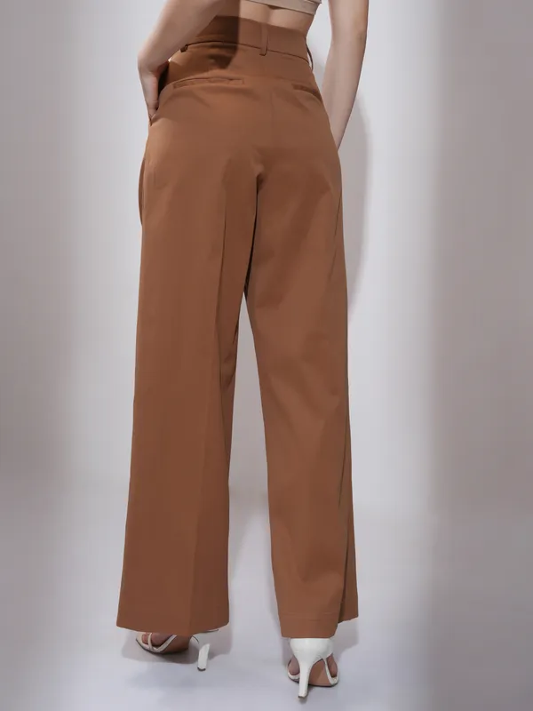 Tokyo Talkies Women Brown Straight Fit Solid Formal Trousers