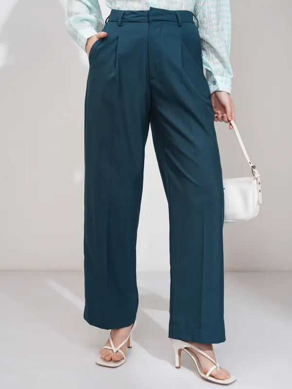 Tokyo Talkies Women Teal Solid Wide Leg Casual Trouser