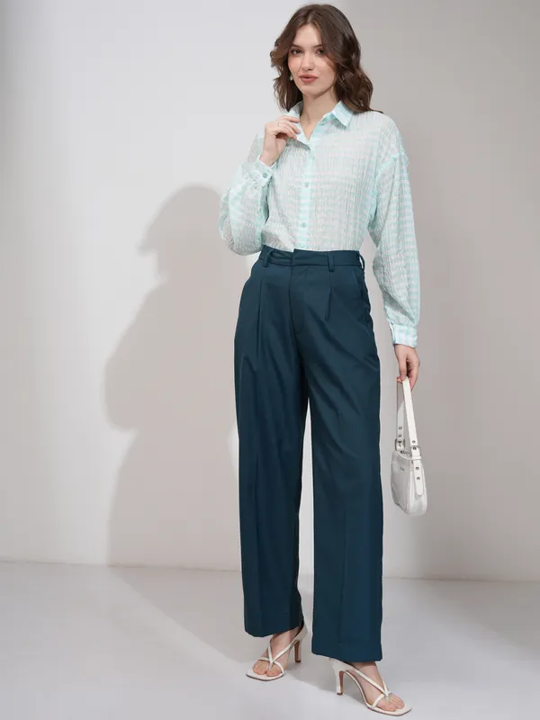 Tokyo Talkies Women Teal Solid Wide Leg Casual Trouser