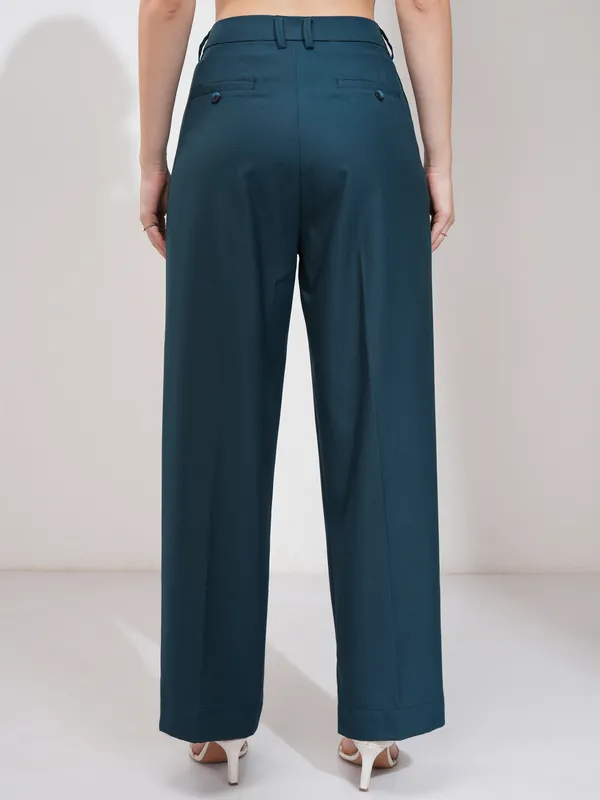 Tokyo Talkies Women Teal Solid Wide Leg Casual Trouser