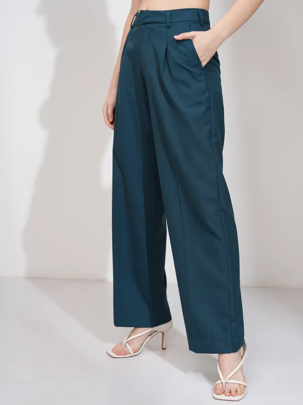 Tokyo Talkies Women Teal Solid Wide Leg Casual Trouser