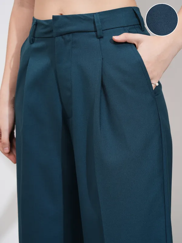 Tokyo Talkies Women Teal Solid Wide Leg Casual Trouser