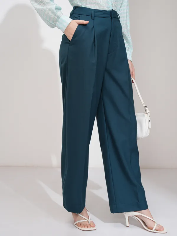 Tokyo Talkies Women Teal Solid Wide Leg Casual Trouser