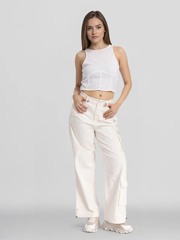 Street By Tokyo Talkies Women Off White Solid Straight Fit Cargos