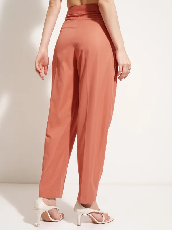 Tokyo Talkies Women Rust Solid Tapered Fit Casual Trouser