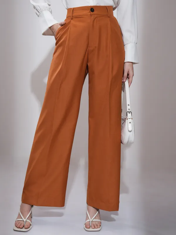 Tokyo Talkies Women Rust Straight Fit Solid Formal Trousers