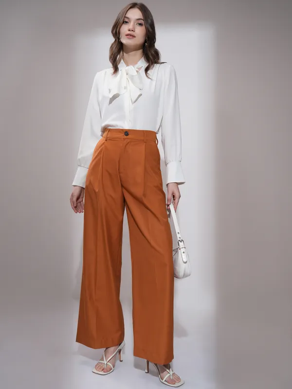 Tokyo Talkies Women Rust Straight Fit Solid Formal Trousers