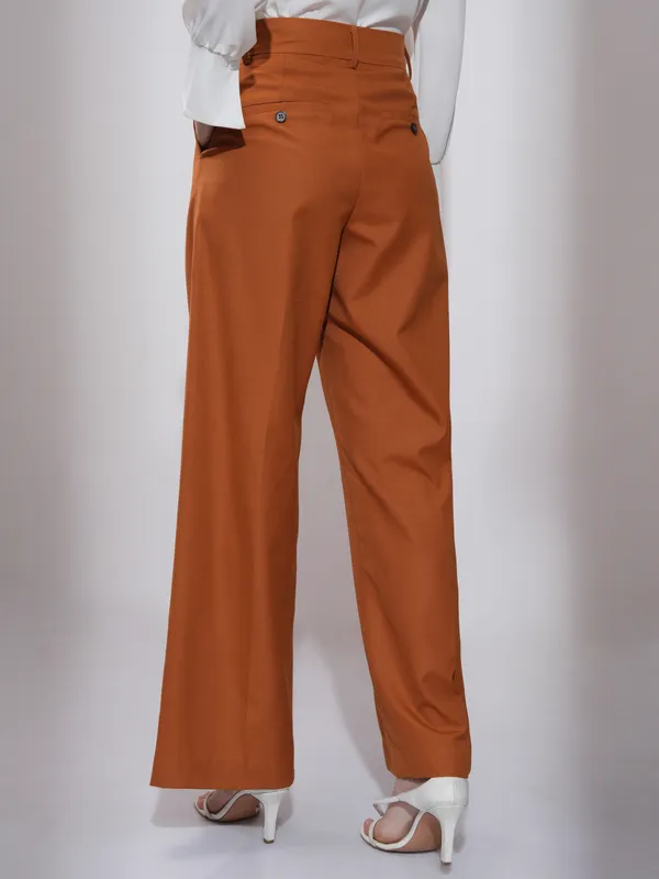 Tokyo Talkies Women Rust Straight Fit Solid Formal Trousers