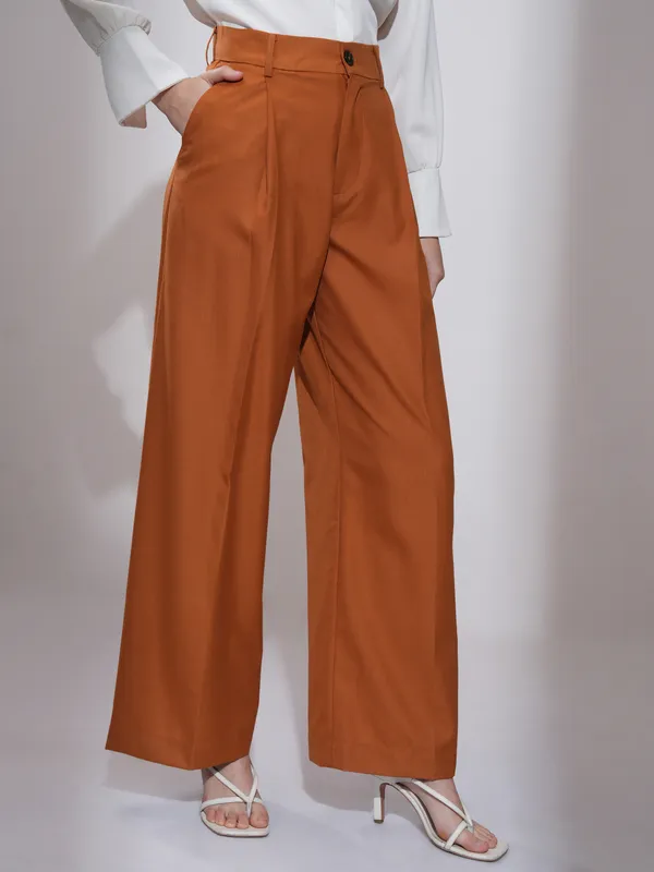 Tokyo Talkies Women Rust Straight Fit Solid Formal Trousers