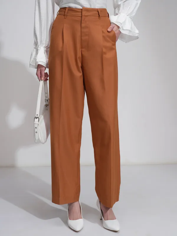 Tokyo Talkies Women Rust Solid Wide Leg Casual Trouser