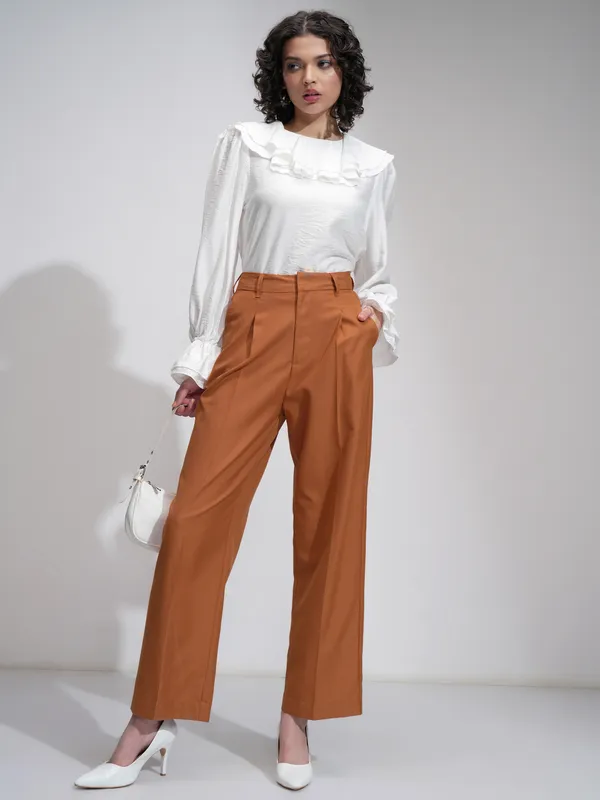 Tokyo Talkies Women Rust Solid Wide Leg Casual Trouser