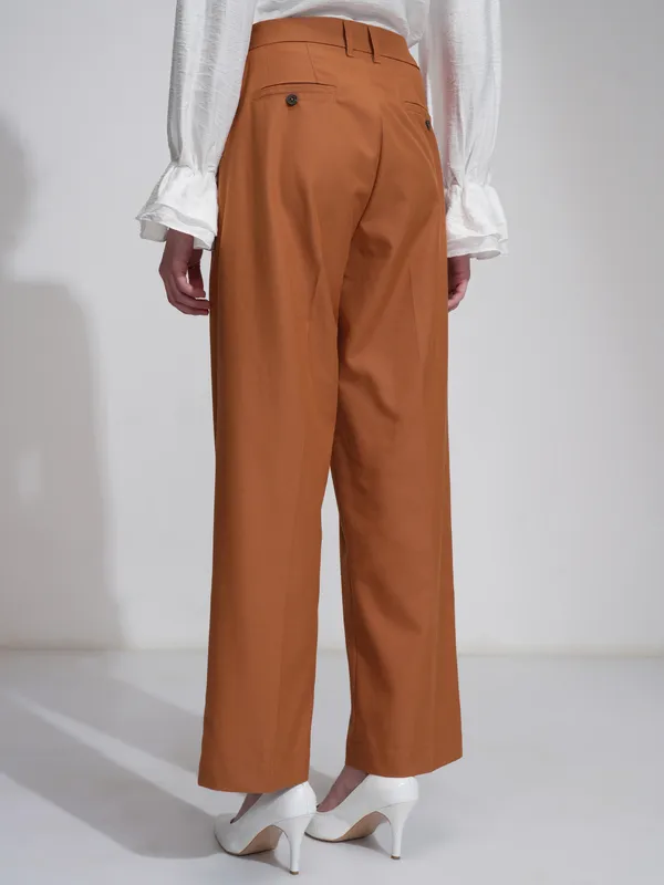 Tokyo Talkies Women Rust Solid Wide Leg Casual Trouser