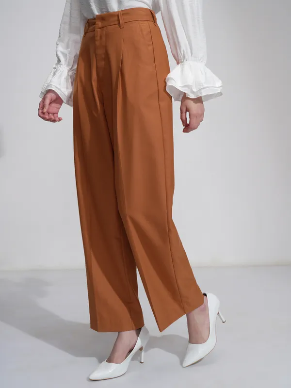 Tokyo Talkies Women Rust Solid Wide Leg Casual Trouser