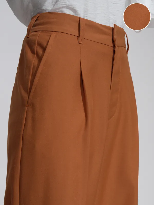 Tokyo Talkies Women Rust Solid Wide Leg Casual Trouser
