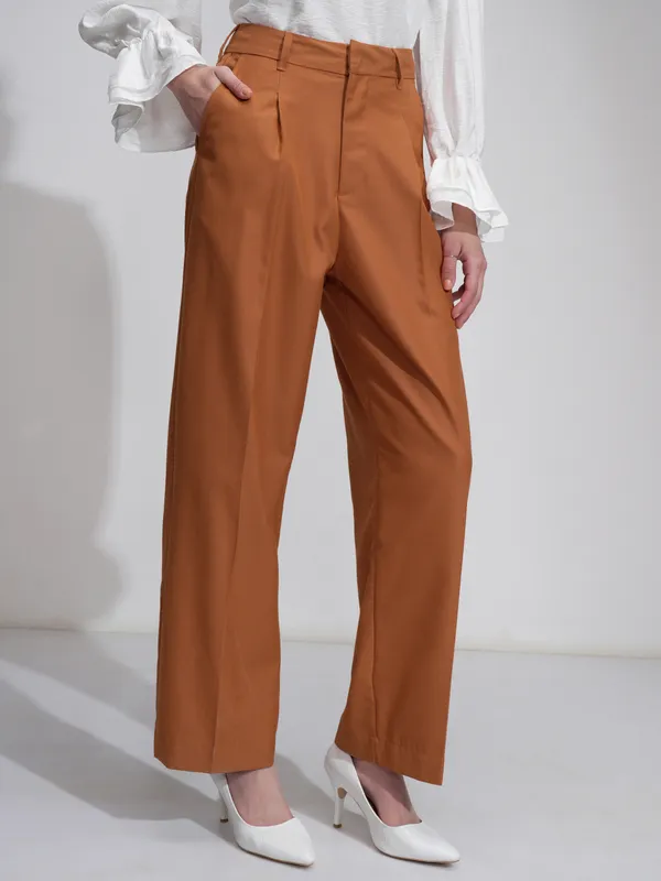 Tokyo Talkies Women Rust Solid Wide Leg Casual Trouser