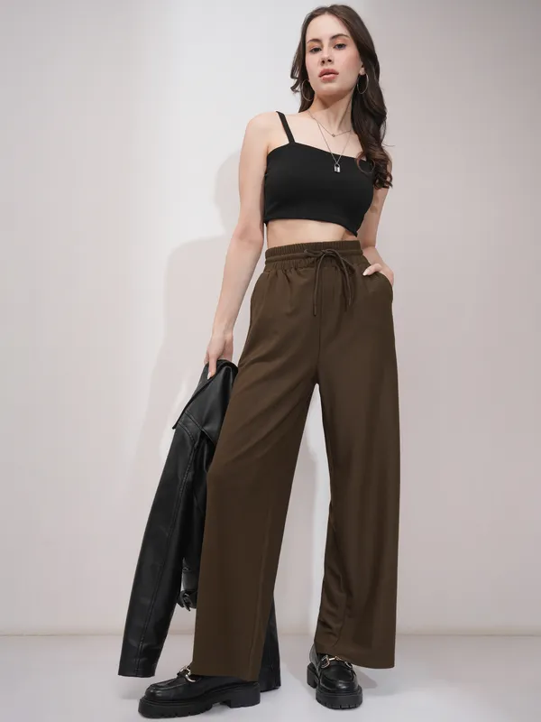 Tokyo Talkies Women Brown Straight Fit Solid Casual Trouser