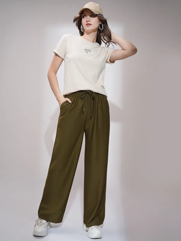 Tokyo Talkies Women Olive Straight Fit Solid Casual Trouser