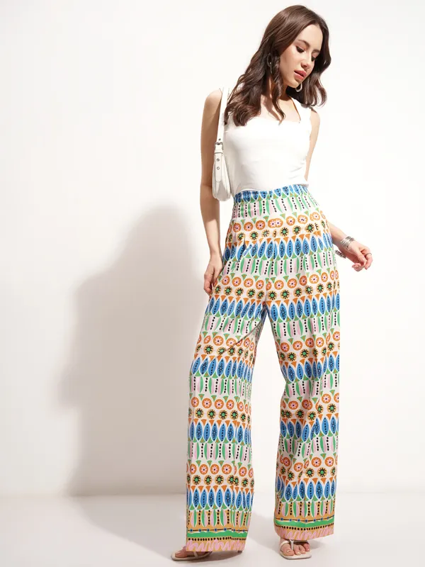 Tokyo Talkies Women Off White Printed Baggy Casual Trouser