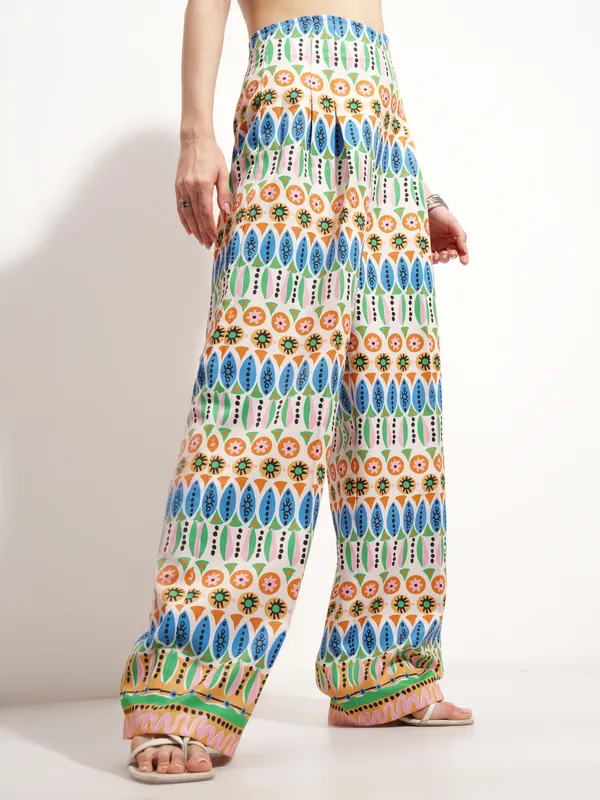 Tokyo Talkies Women Off White Printed Baggy Casual Trouser