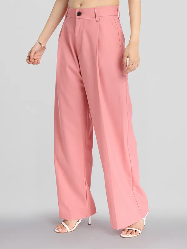 Chic By Tokyo Talkies Women Pink Solid Straight Fit Casual Trouser