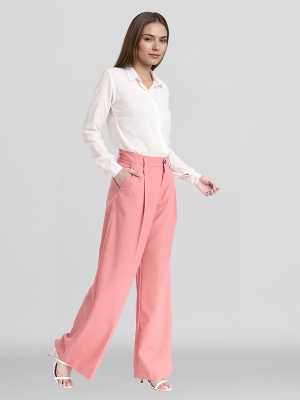 Chic By Tokyo Talkies Women Pink Solid Straight Fit Casual Trouser