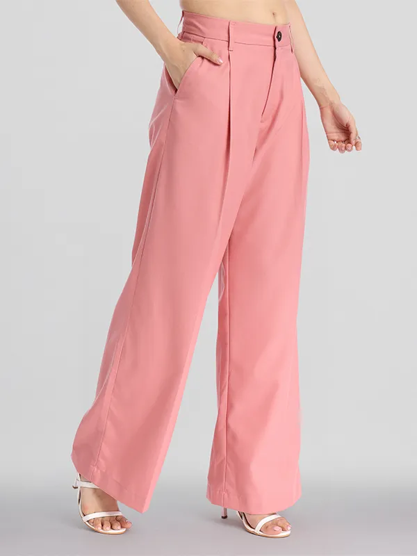 Chic By Tokyo Talkies Women Pink Solid Straight Fit Casual Trouser