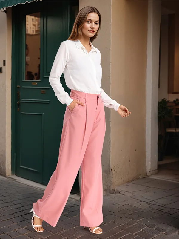 Chic By Tokyo Talkies Women Pink Solid Straight Fit Casual Trouser