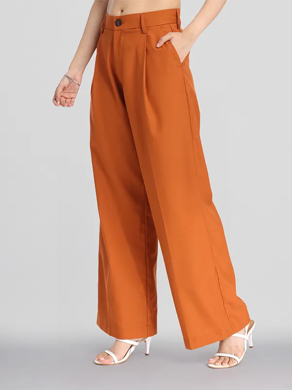 Chic By Tokyo Talkies Women Rust Solid Straight Fit Casual Trouser