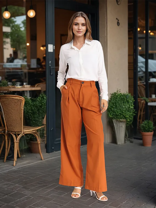 Chic By Tokyo Talkies Women Rust Solid Straight Fit Casual Trouser