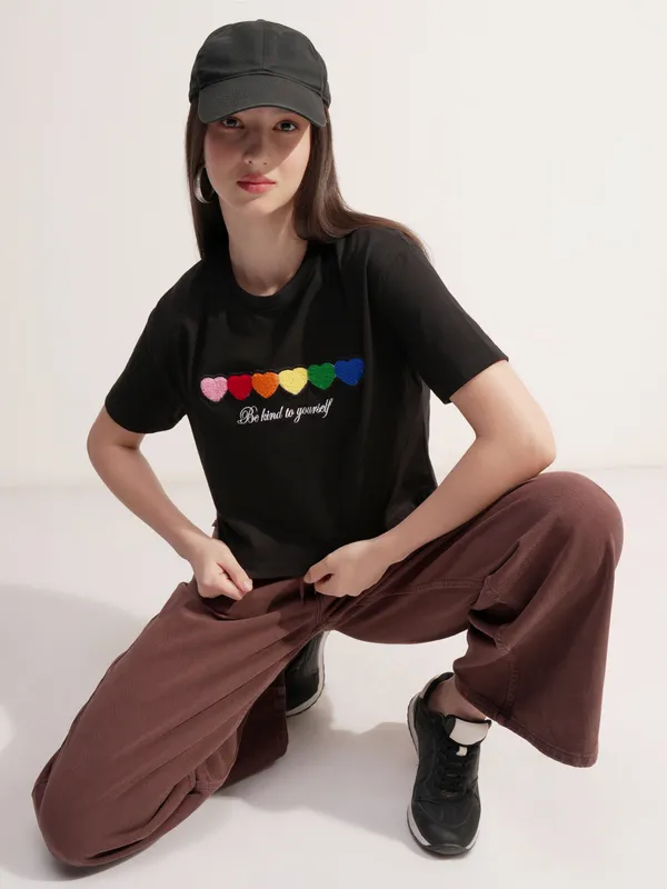 Tokyo Talkies Women Black Applique Round Neck T-Shirt