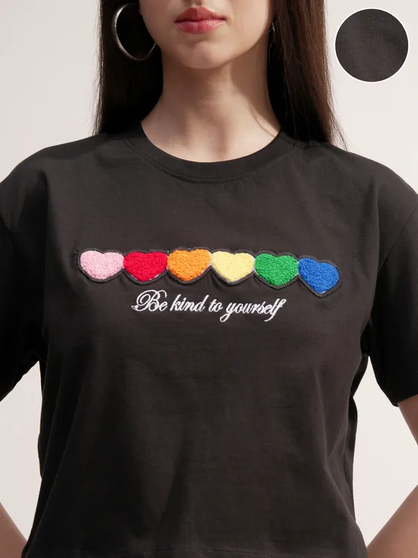 Tokyo Talkies Women Black Applique Round Neck T-Shirt