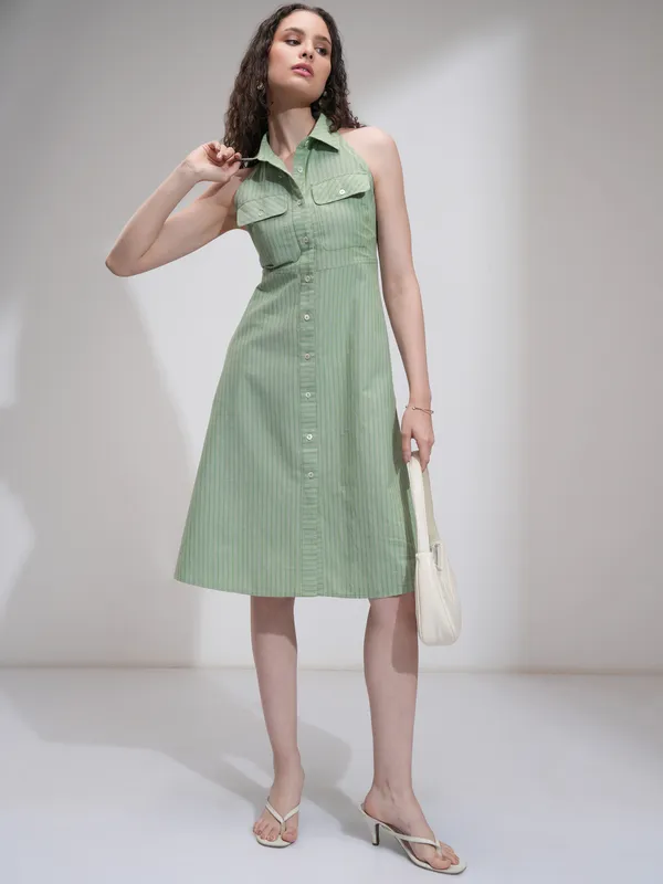 Tokyo Talkies Women Olive Striped Fit And Flare Dress